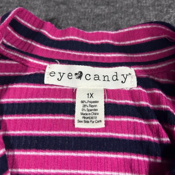 Vtg 90s Y2k Eye Candy Pink Black Stripe Rib Knit Mock Neck Top Ring Pull Size 1X - Picture 3 of 9